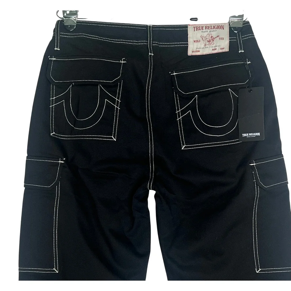NWT True Religion Mens Black Contrast Stitch Cargo Pants 32 Straight Leg